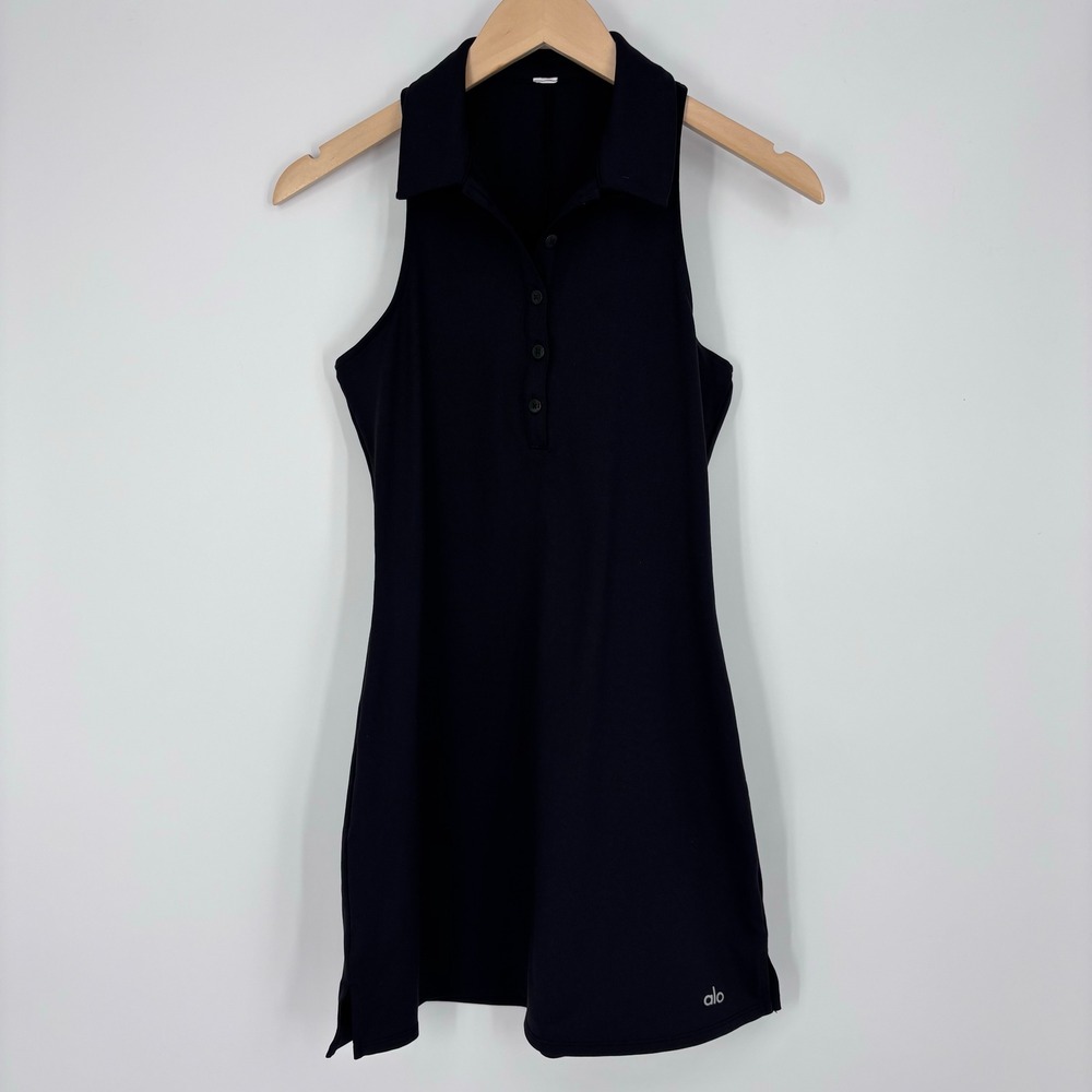 Alo Yoga Charmed Polo Dress Womens XS/S Black Sleeveless Racerback Tennis Golf